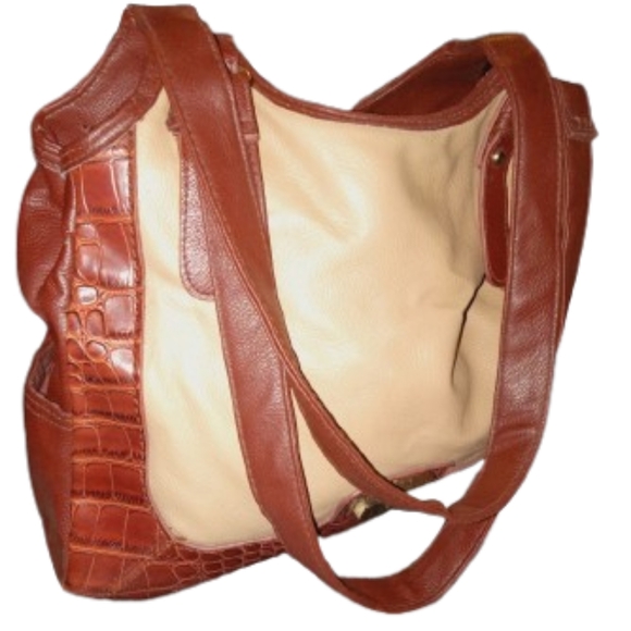 Two Tone Brown Shoulder Bag Crocodile Textured Sides Gold Toned Hardware - Picture 10 of 10